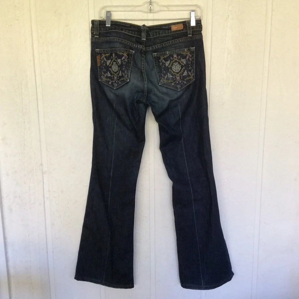 PAIGE LAUREL CANYON MID RISE FLARE EMBROIDERED JEANS S…